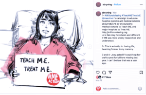 instagram post image that features a sketch of a woman in a bed holdind a teach me, treat me sign. there is also a caption on the side. 