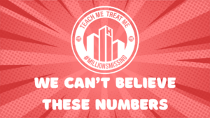 rectangle red image with the #teachmetreatme logo and the words we can't believe these numbers.