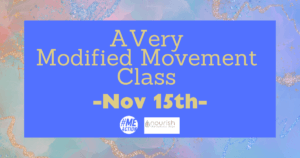 rectangle image with a purpleish marble background. In the center is a blue square with the words a very modified movement class - nov 15th-. the #MEAction logo and nourish therapeutic yoga logo at the bottom.