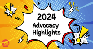 comic book background with yellow and blue colors with dots. In the center is a starburst with the words 2024 advocacy highlights. the middle is surrounded with exclamation marks.