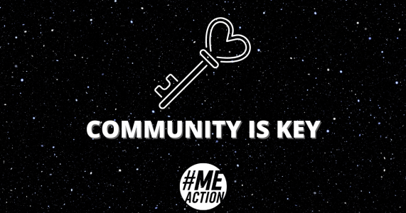 square image with a white stars on a black background. there is a key image with a heart shape at the top of the key. the words, community is key underneath image. #MEAction logo at bottom of the image.