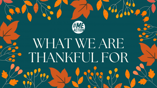 hunter green rectangle image with fall leaves around the boarder. in the center the #meaction logo and the words, What we are thankful for