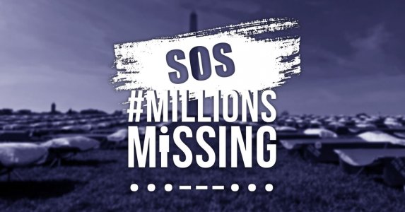 Hundreds of cots dapple the lawn in front of the Washington Monument in Washington, D.C. The image is dark and overlayed with a blue filter. Text reads "SOS #MillionsMissing." Beneath this, SOS is written in morse code.