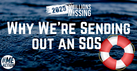 a blue square image that features waves as the background. The 2025 #MillionsMissing logo at the top. followed by the words, Why We're sending out an SOS. A life preserver is in the bottom right corner and the meaction logo is in the bottom left corner.