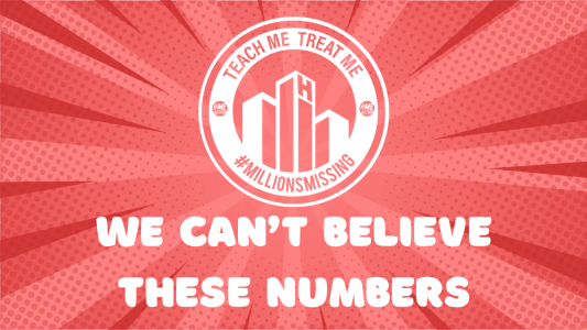 rectangle red image with the #teachmetreatme logo and the words we can't believe these numbers.