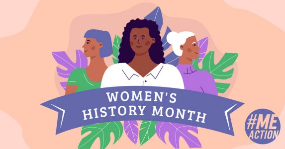 An illustration of three women gathered among leaves. Text reads "Women's History Month."